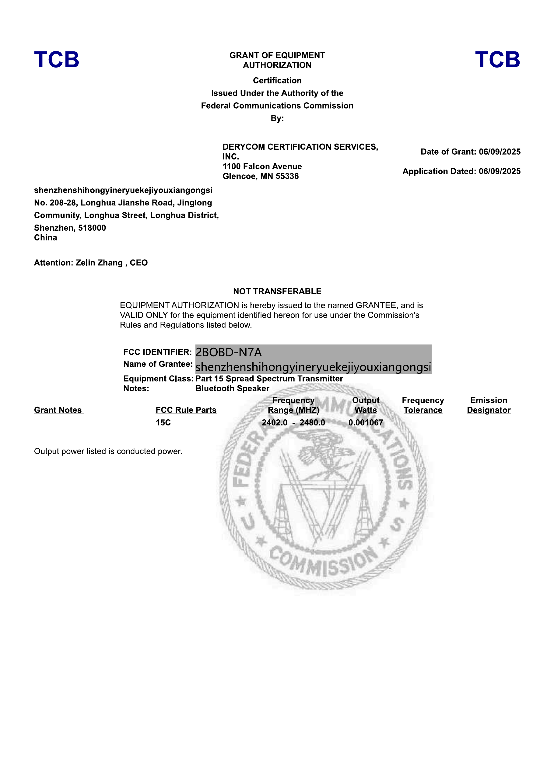 FCC Grant of Equipment Authorization, FCC ID 2BOBD-N7A